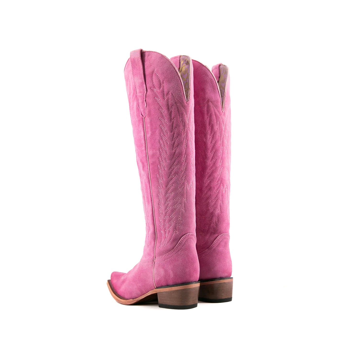 Pink Faux Suede Snip-Toe Embroidery Half-Zip Knee High Cowgirl Boots