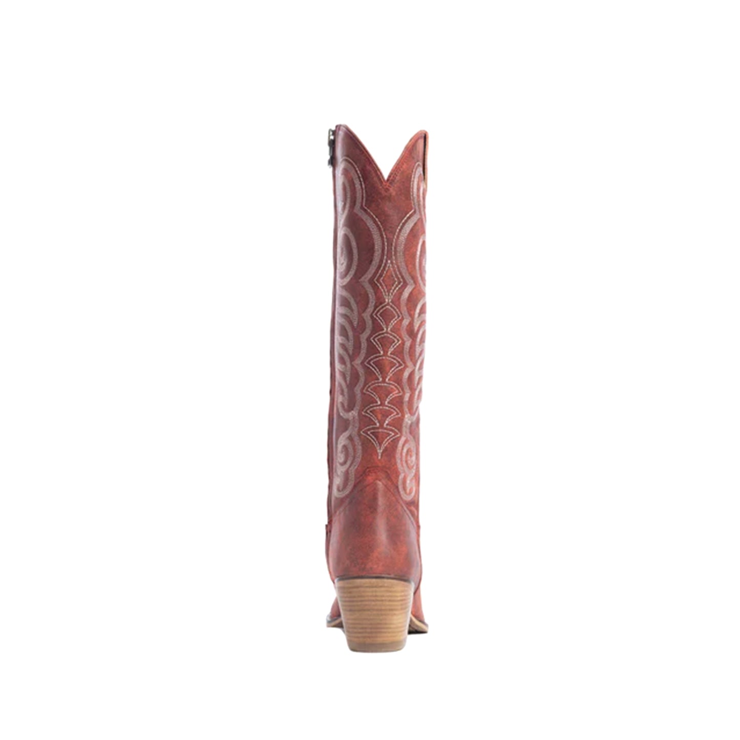 Distressed Red Almond-Toe Curled Embroidery Full-Zip Knee High Cowgirl Boots