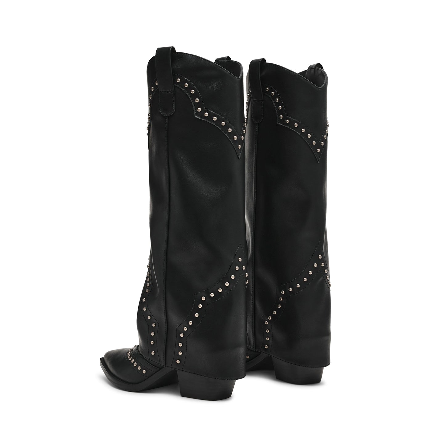 Black Pointed-Toe Studded Fold-Over Wide Calf Knee High Cowgirl Boots