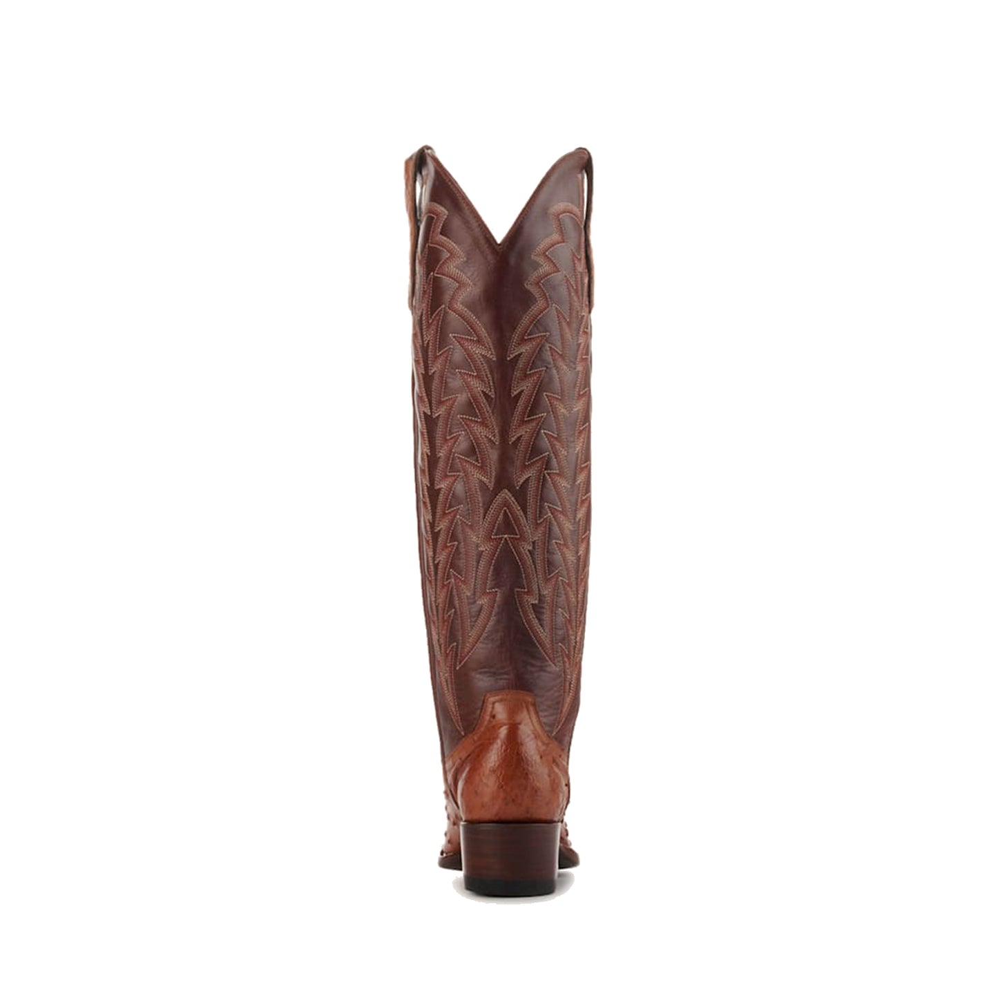 Cognac Contrast Vegan Leather And Ostrich Print Snip-Toe Embroidery Classic Wide Calf Knee High Cowgirl Boots