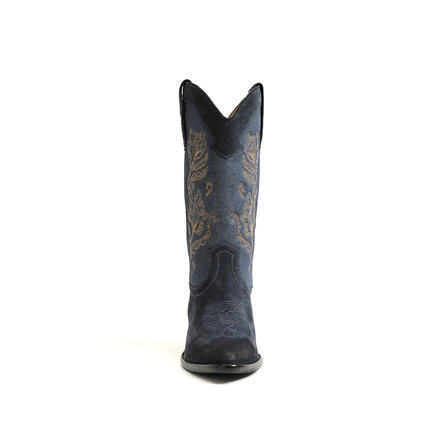 Blue Denim Almond-Toe Flowers Embroidery Mid Calf Cowgirl Boots