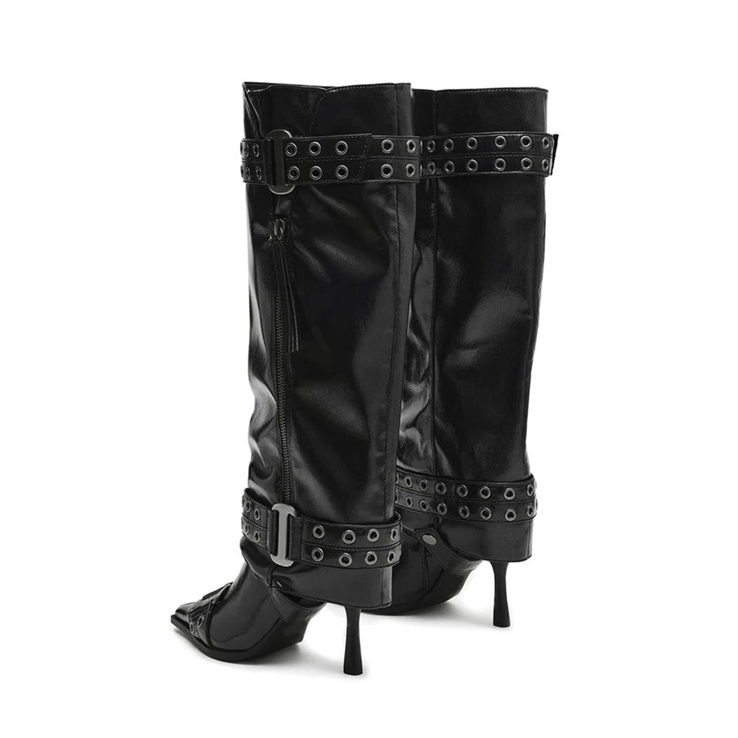Black Pointed-Toe Half-Zip Buckle Straps With Eyelets Knee High Stiletto Boots