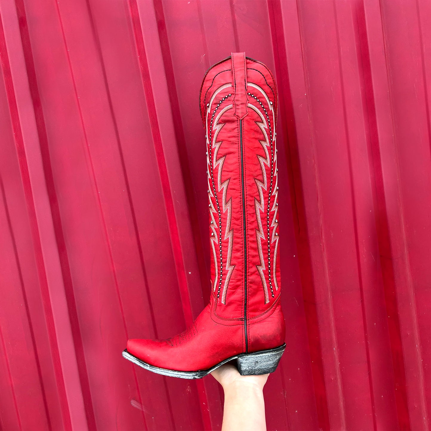 Red Snip-Toe Embroidery Rhinestone Wide Calf Knee High Cowgirl Boots