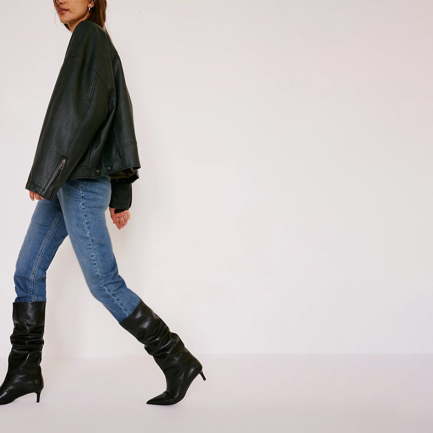 Black Pointed-Toe Wide Calf Knee High Stiletto Boots