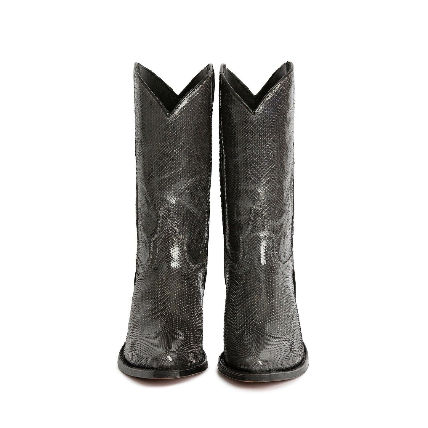 Dark Gray Snakeskin Print Almond-Toe Chic Mid Calf Cowgirl Boots