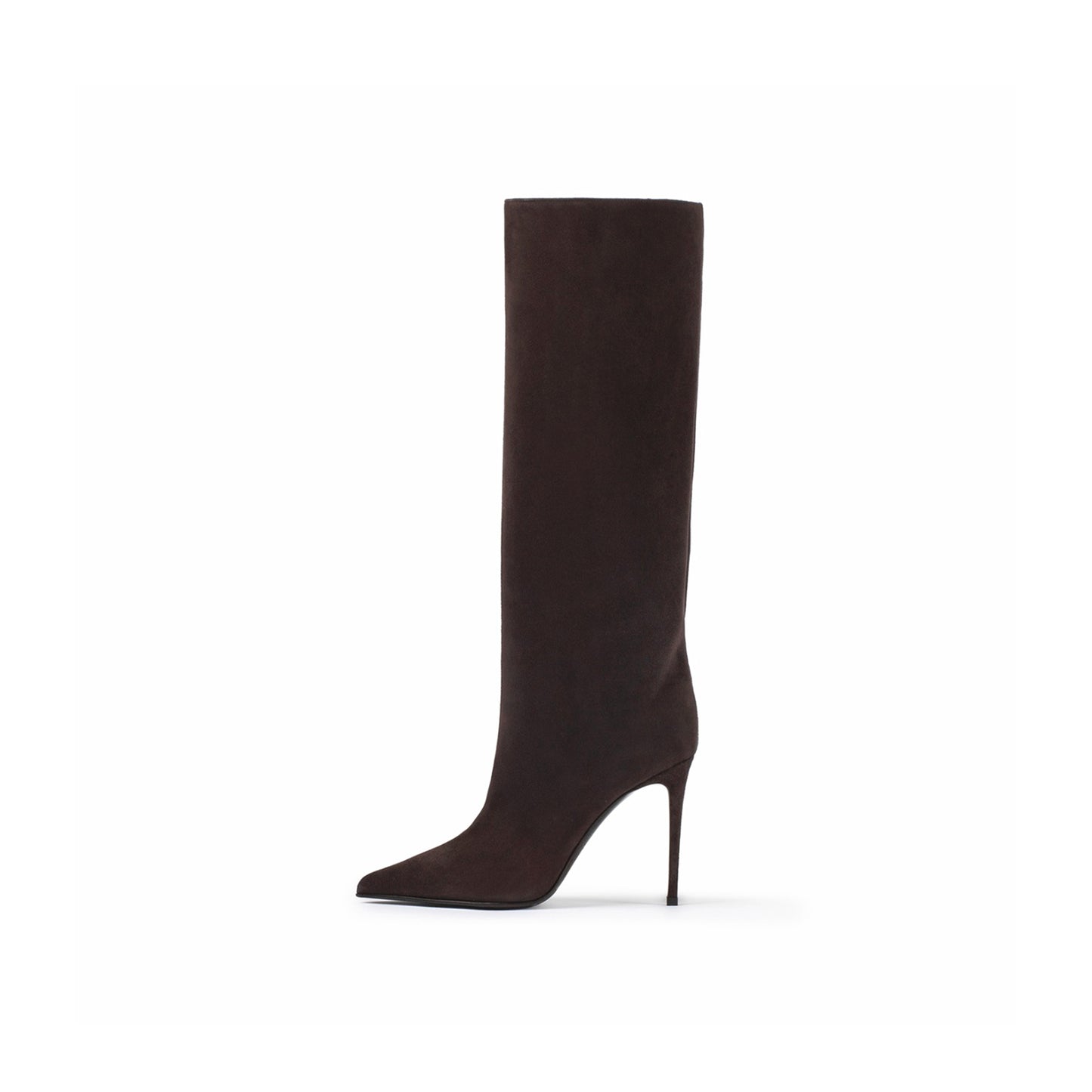 Brown Faux Suede Pointed-Toe Simple Wide Calf Knee High Tall Stiletto Boots