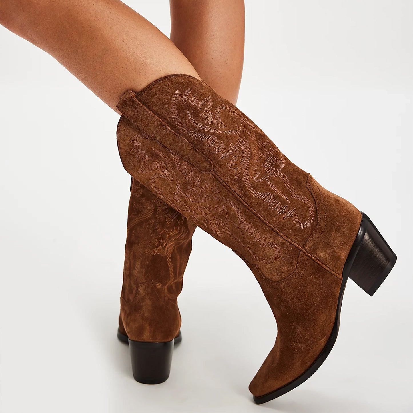 Brown Faux Suede Snip-Toe Classic Embroidery Mid Calf Cowgirl Boots