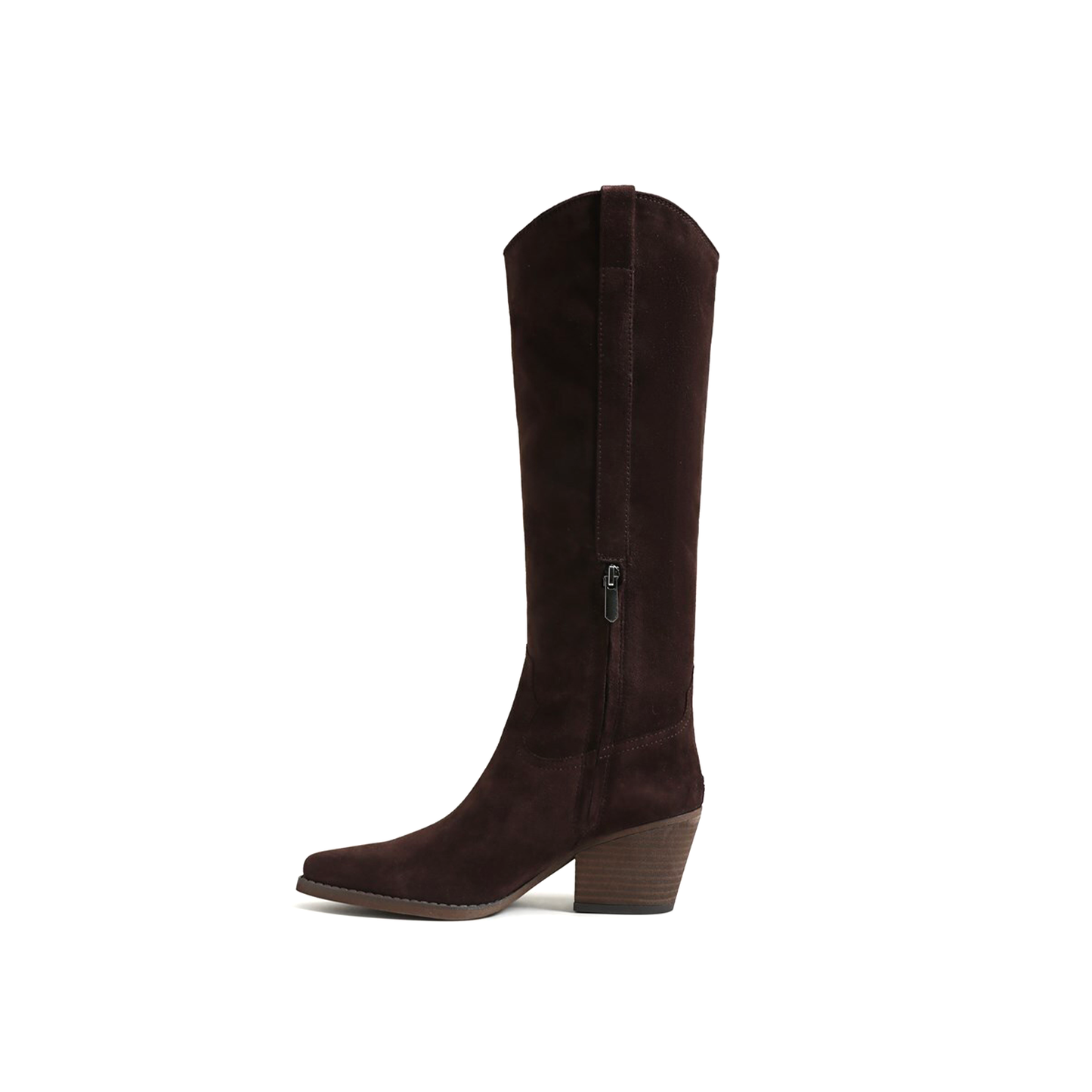 Chocolate Faux Suede Pointed-Toe Half-Zip Knee High Cowgirl Boots