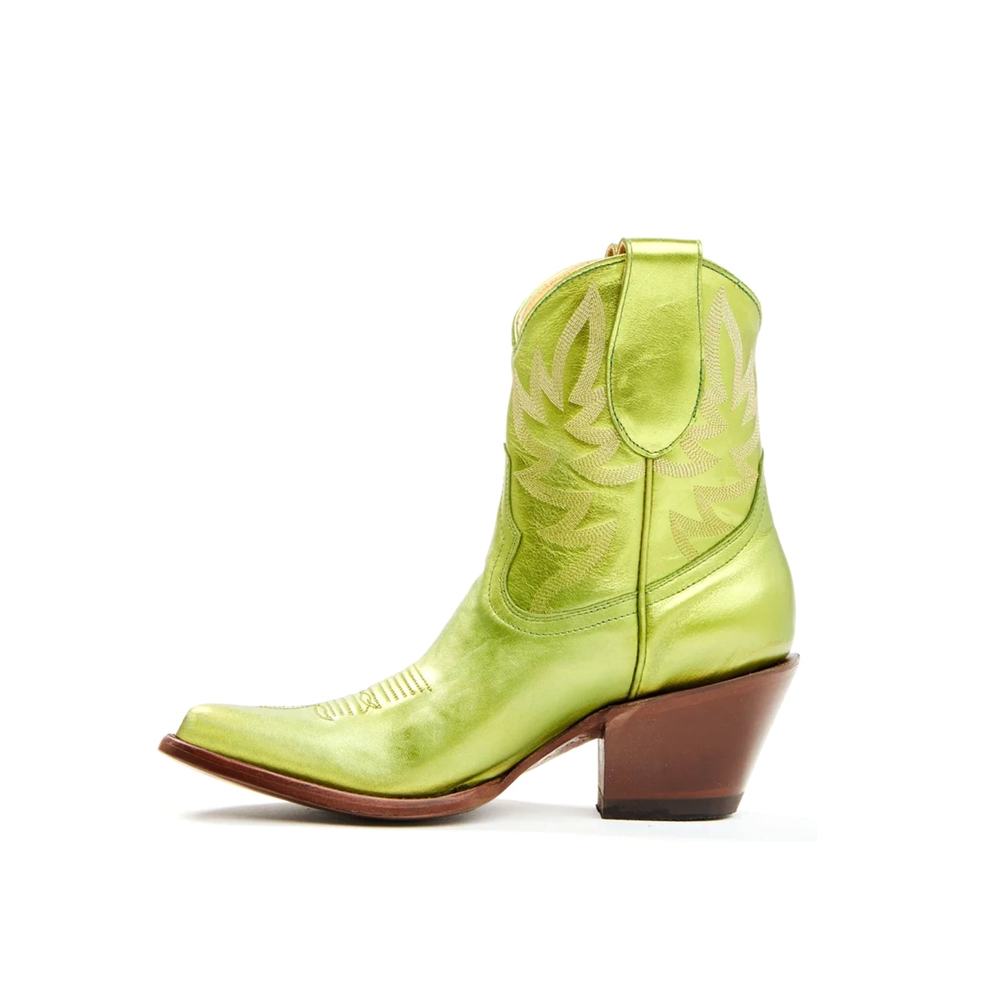 Metallic Green Almond-Toe Embroidery Ankle Cowgirl Boots