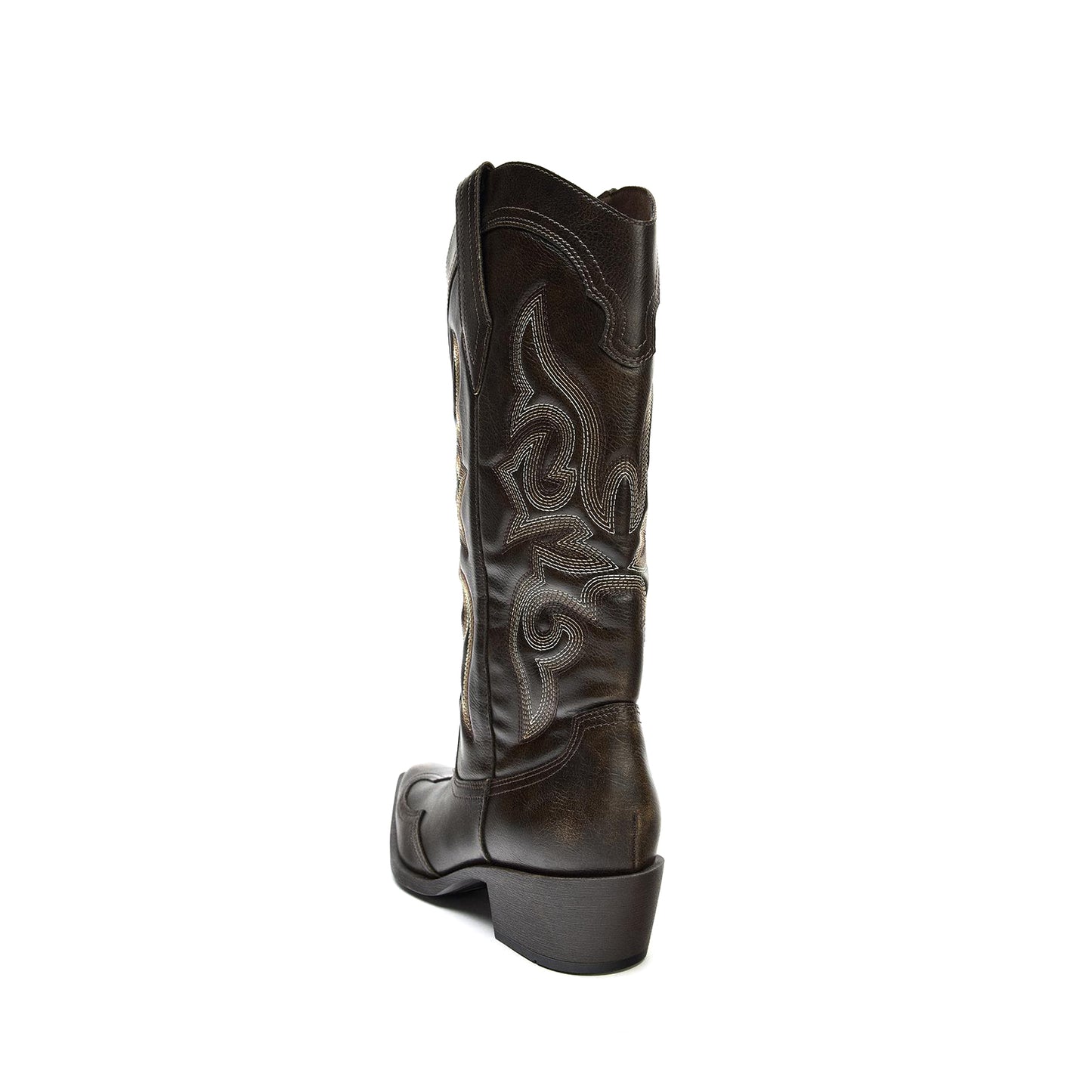 Brown Snip-Toe Embroidery Side Pull Tabs Mid Calf Cowgirl Boots