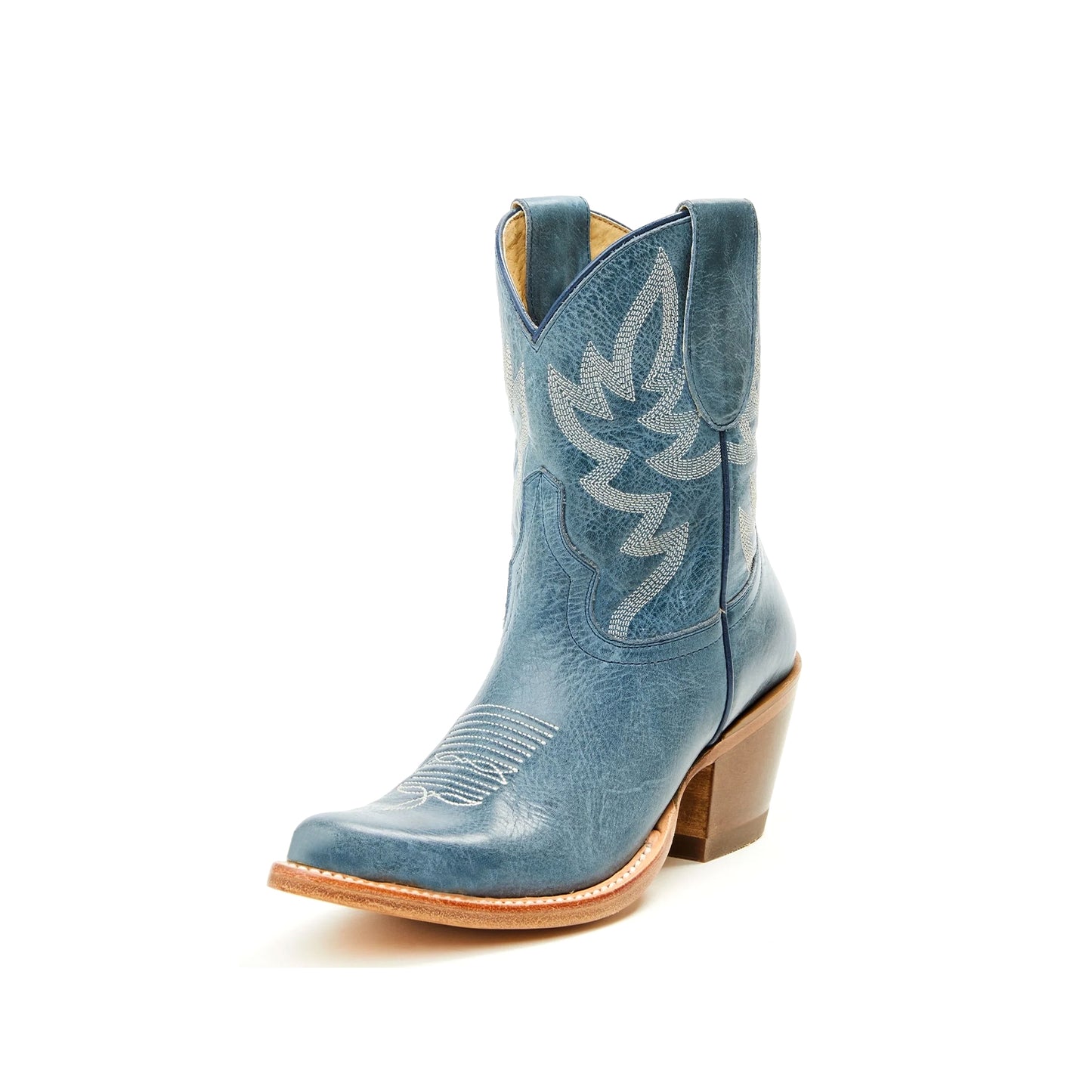 Distressed Navy Blue Almond-Toe Embroidery Ankle Cowgirl Boots