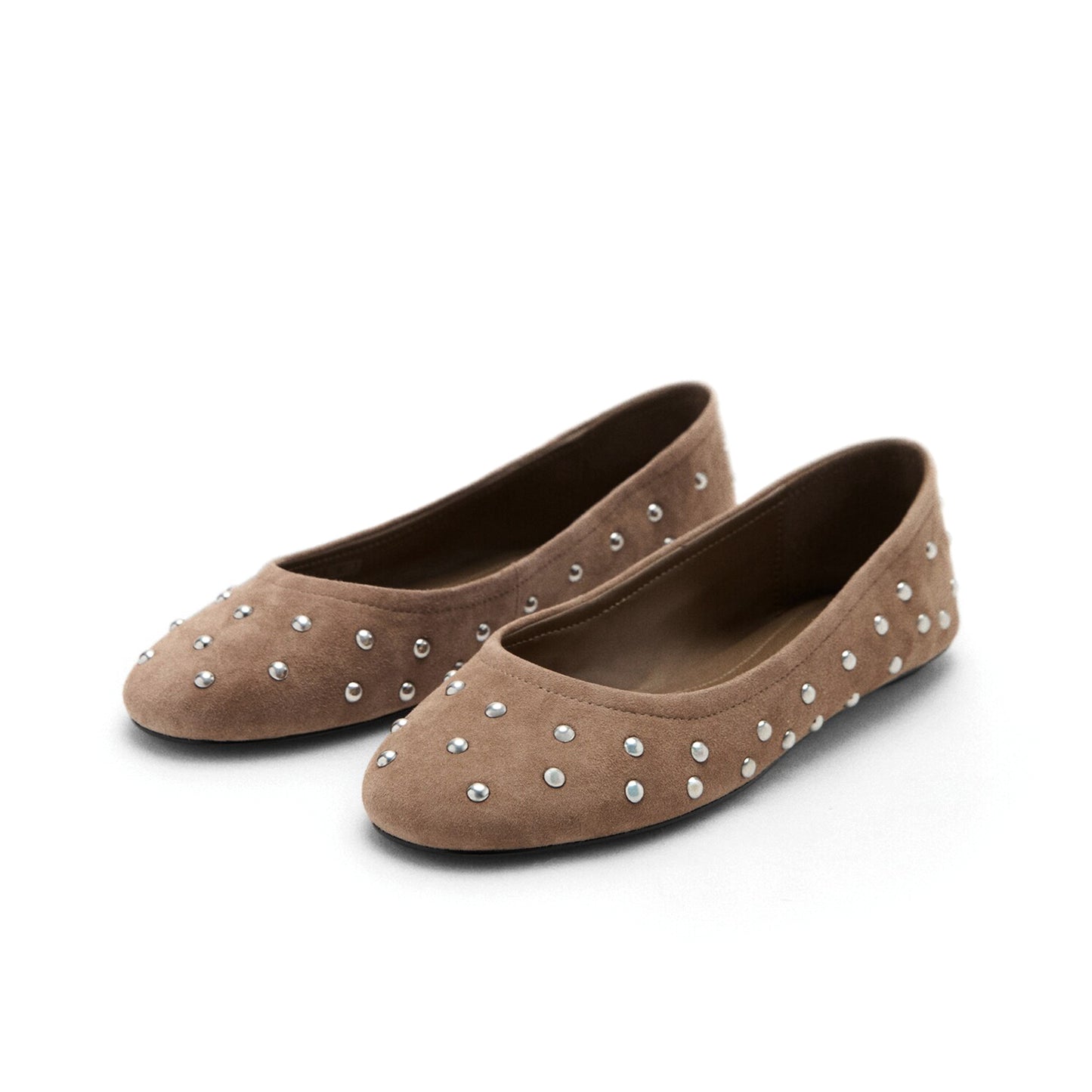 Sand Faux Suede Round-Toe Studded Slip-On Flats