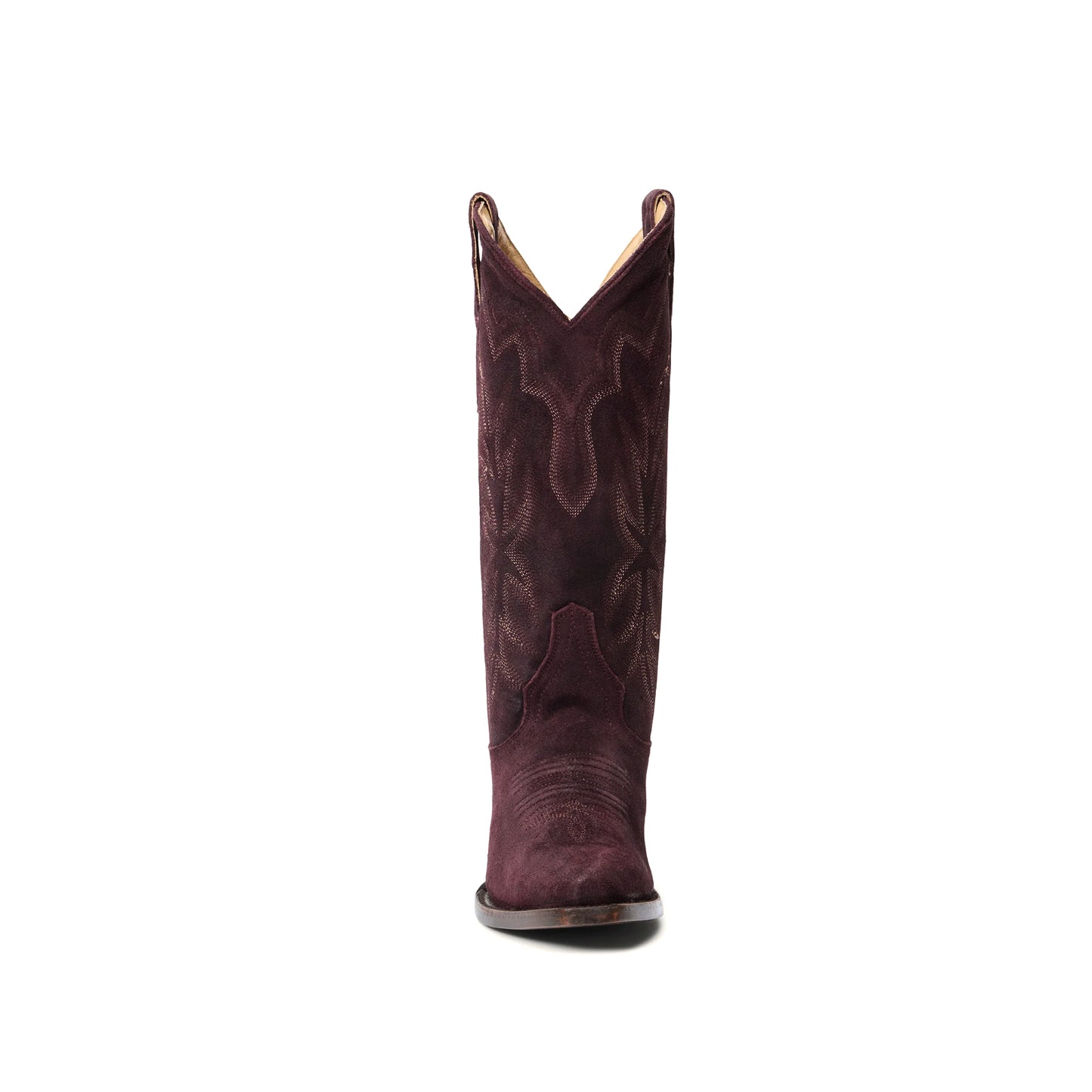Wine Red Faux Suede Snip-Toe Embroidery Mid Calf Cowgirl Boots