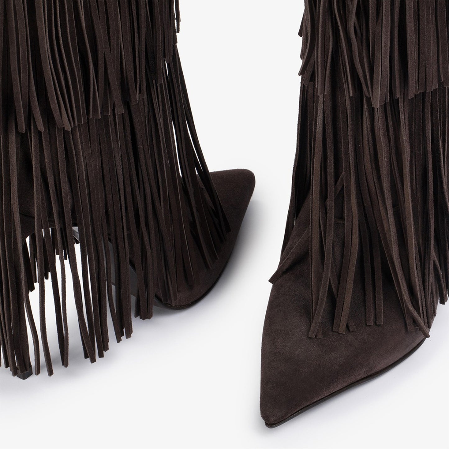 Brown Faux Suede Pointed-Toe Shaft Fringe Mid Calf Stiletto Boots