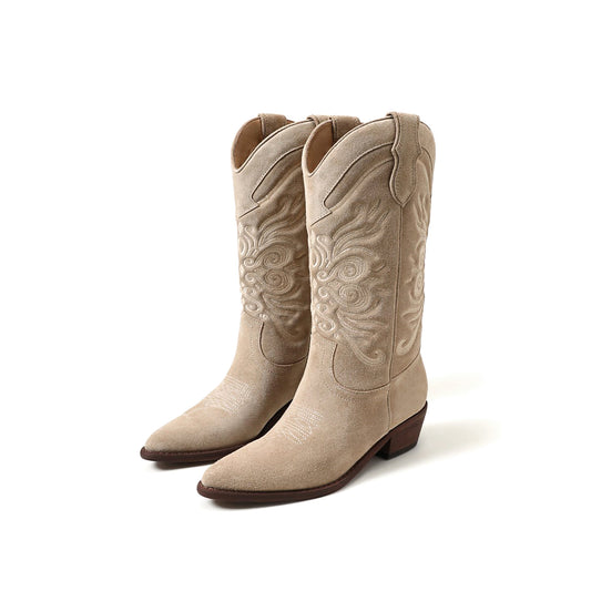 Bone Faux Suede Pointed-Toe Chic Embroidery Mid Calf Cowgirl Boots