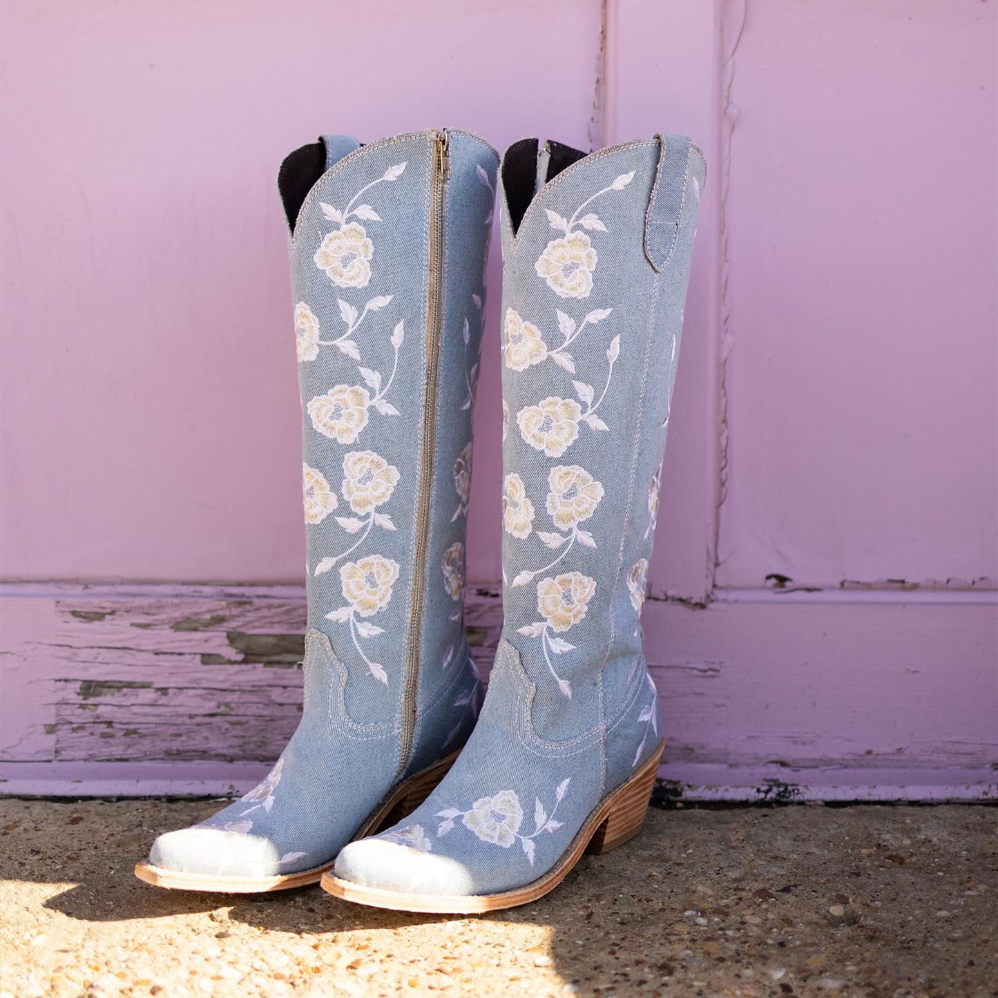 Light Blue Denm Pointed-Toe Floral Embroidery Full-Zip Knee High Cowgirl Boots
