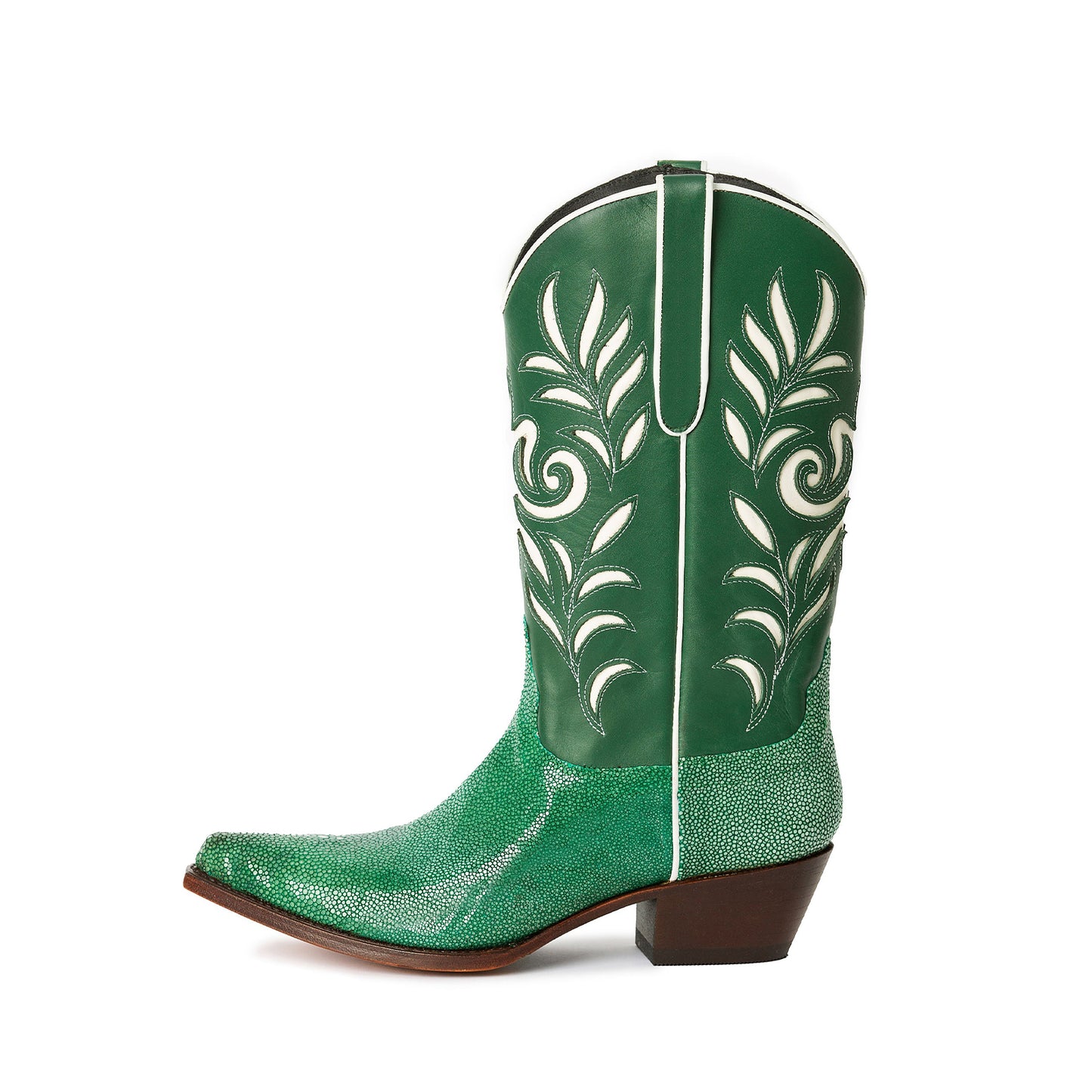 Contrast Green And Green Lizard Print Pointed-Toe Inlays Mid Calf Cowgirl Boots