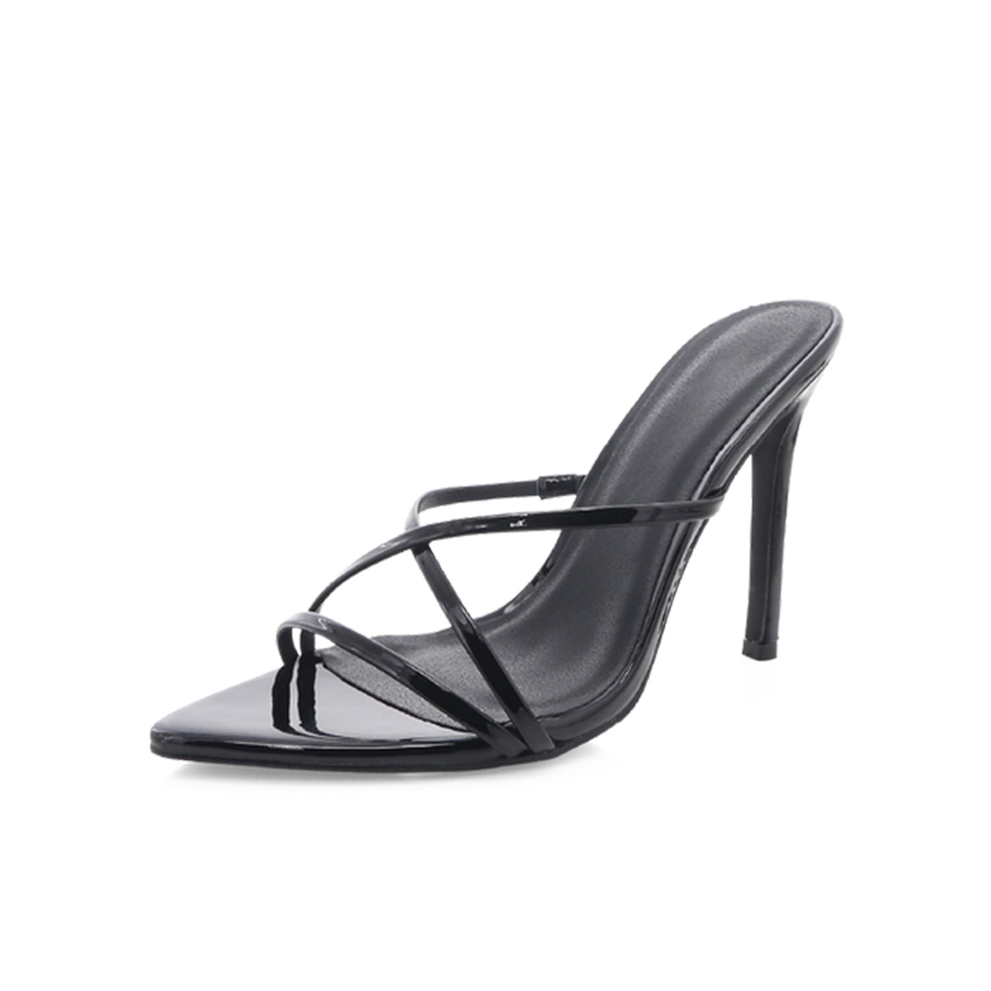 Patent Black Open Pointed-Toe Three Straps High Heels