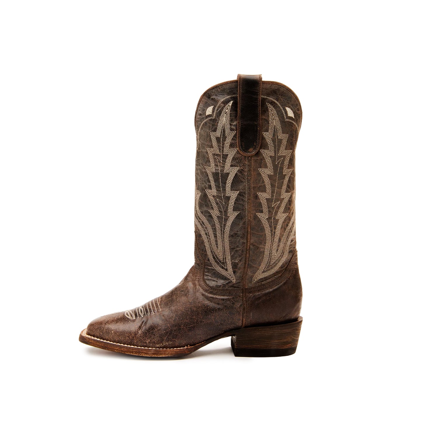 Distressed Dark Brown Square-Toe Embroidery Mid Calf Cowgirl Boots