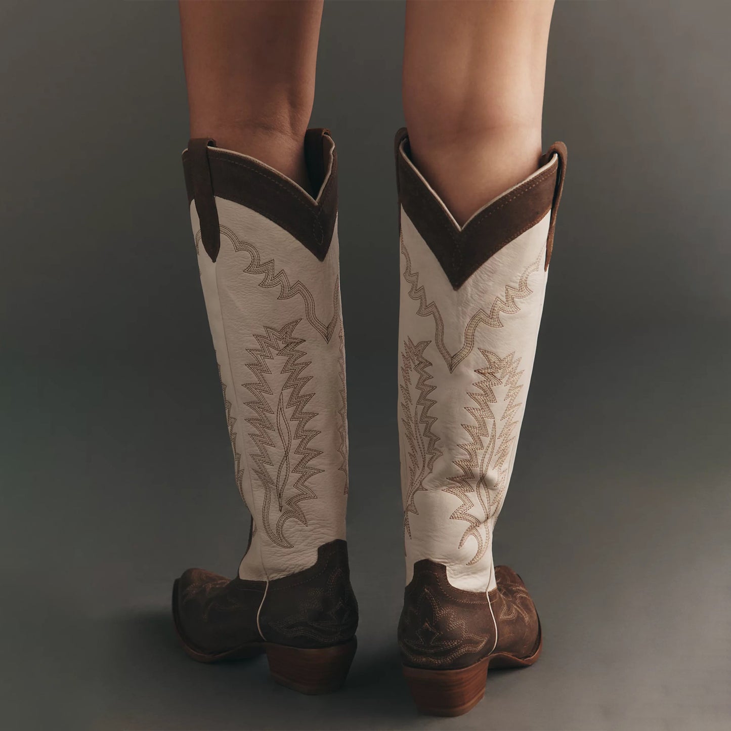 Contrast Ivory And Coffee Snip-Toe Chic Embroidery Wide Calf Knee High Cowgirl Boots