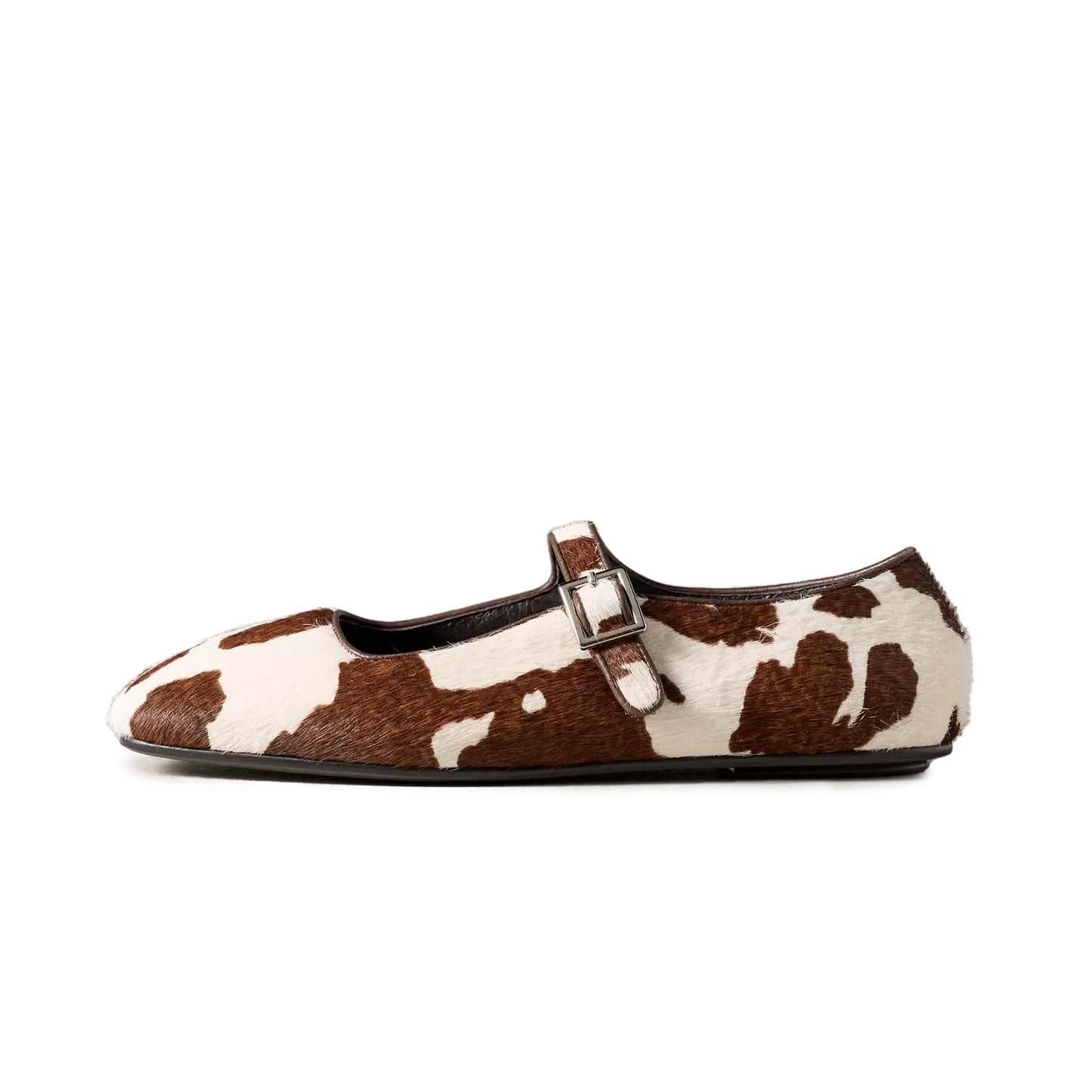 Cow Print Pony Hair Square-Toe Bridge Strap Mary Janes Flats