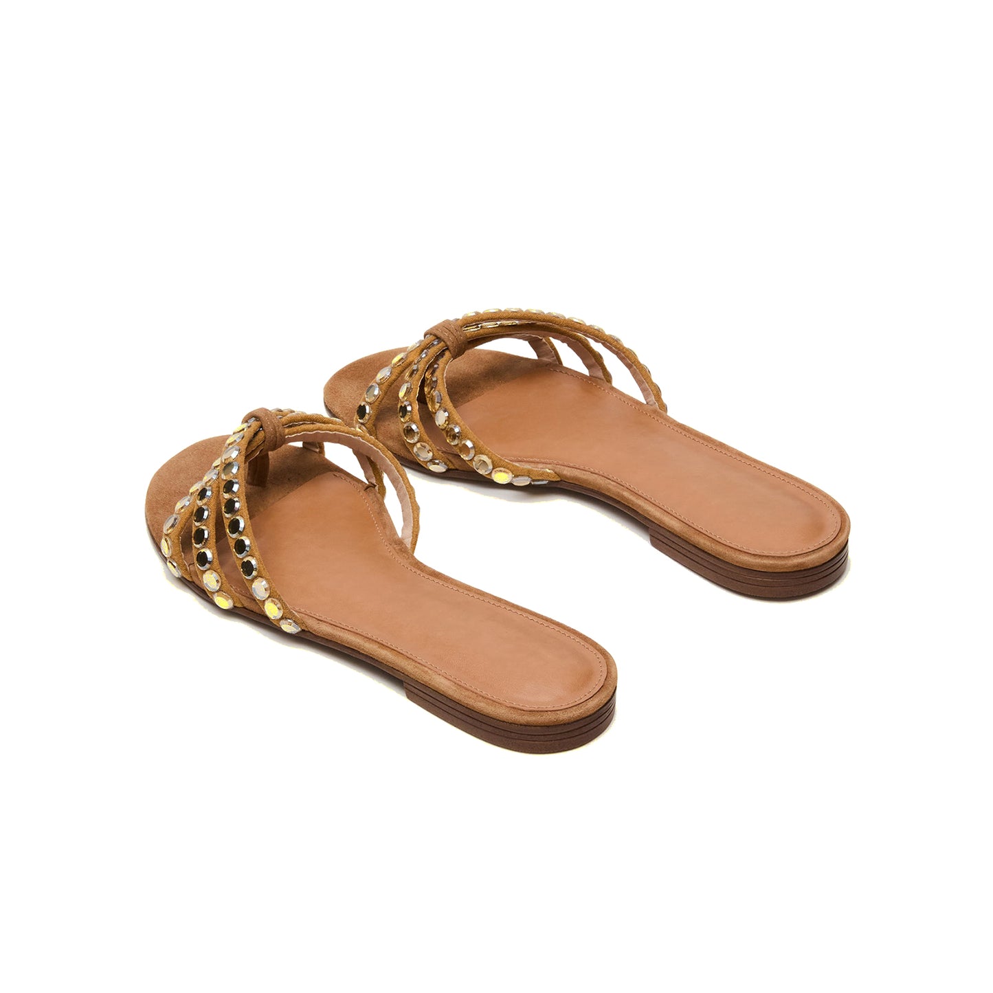 Brown Faux Suede Square-Toe Front Strappy With Rhinestones Backless Flats