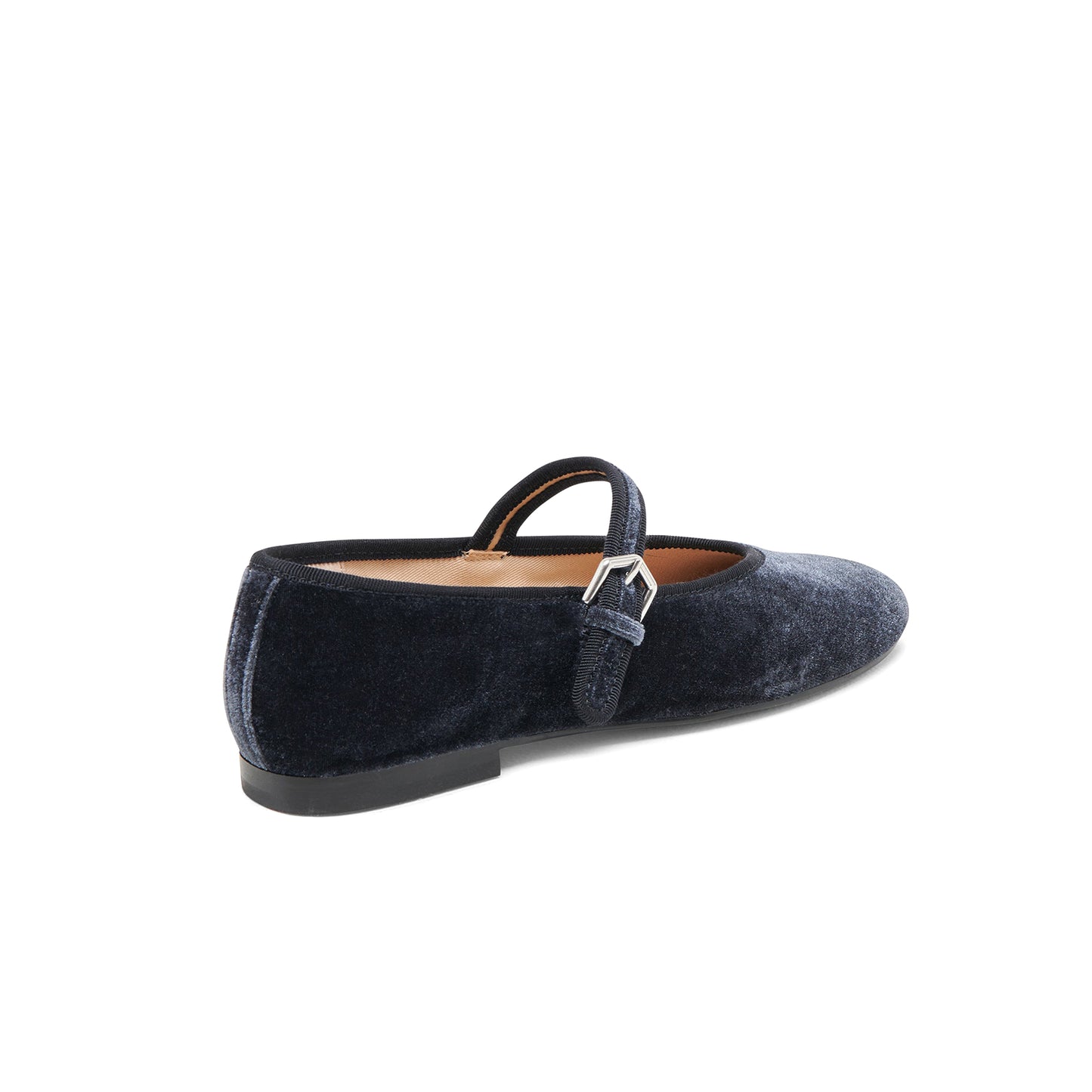Dark Blue Velvet Round-Toe Vegan Leather Bridge Strap Ballet Flats
