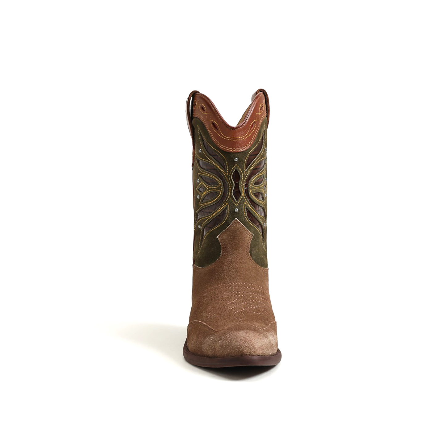 Dark Tan Pointed-Toe Inlays Studded Mid Calf Cowgirl Boots