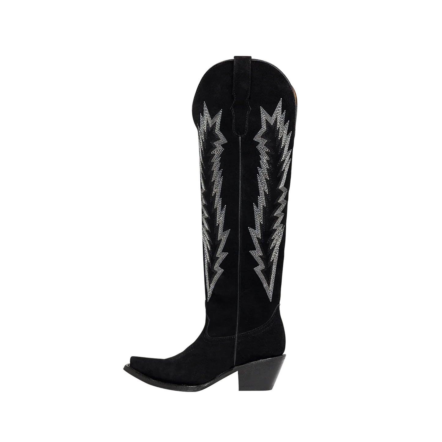 Black Faux Suede Snip-Toe Embroidery Wide Calf Over-The-Knee Cowgirl Boots