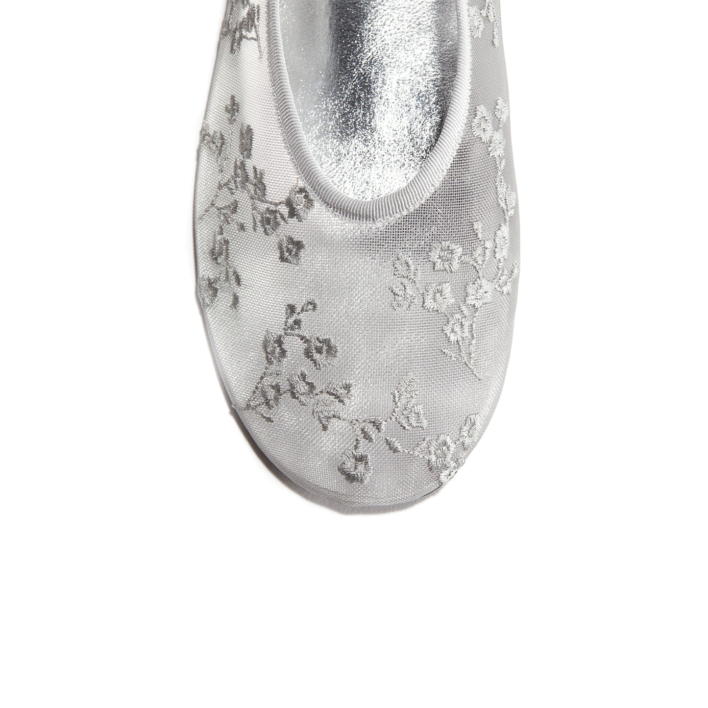 Silver Mesh Round-Toe Floral Embroidery Ballet Flats