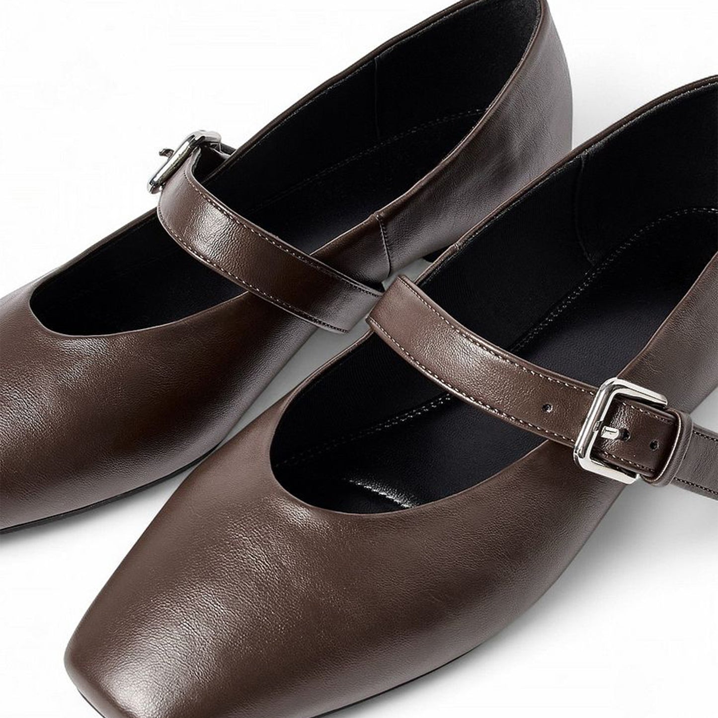 Brown Square-Toe Buckle Mary Jane Ballet Flats