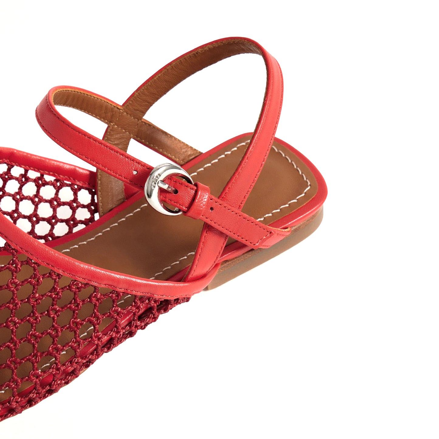 Red Mesh Square-Toe Slingback And Ankle Strap Stylish Flats