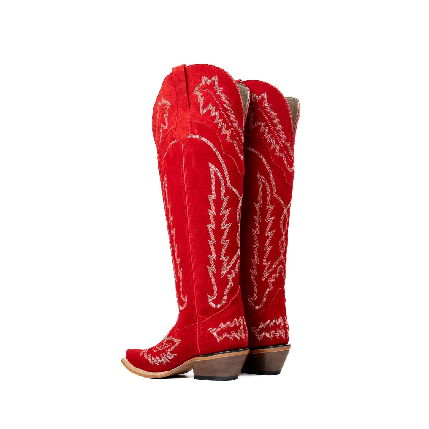 Red Faux Suede Snip-Toe Embroidery Half-Zip Knee High Cowgirl Boots