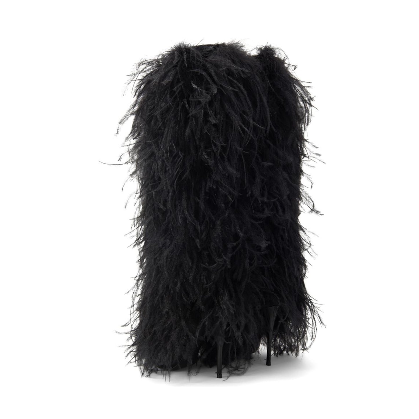 Patent Black Pointed-Toe Full Feather Wide Calf Knee High Stiletto Boots
