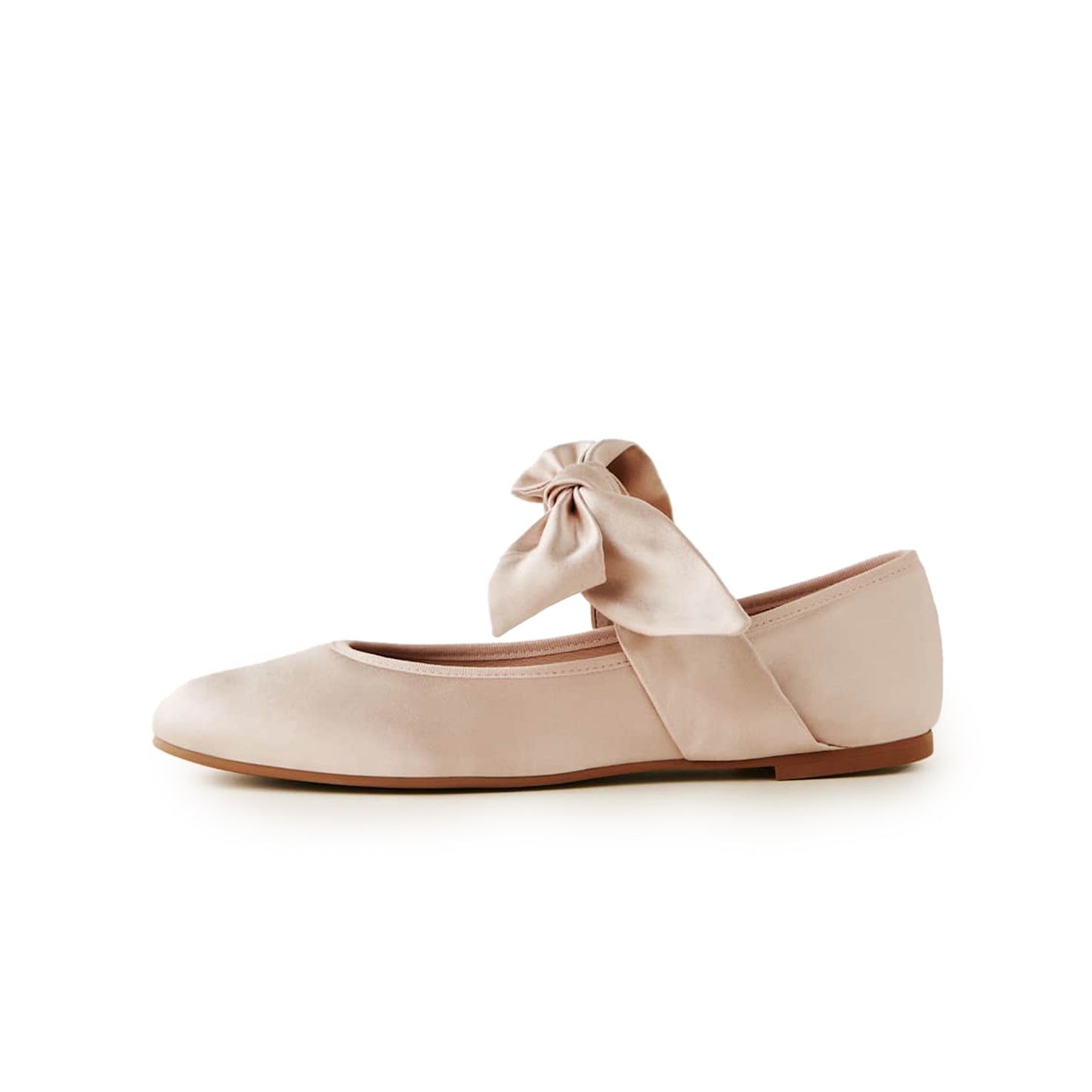 Pink Satin Round-Toe Bridge Bow Strap Ballet Flats