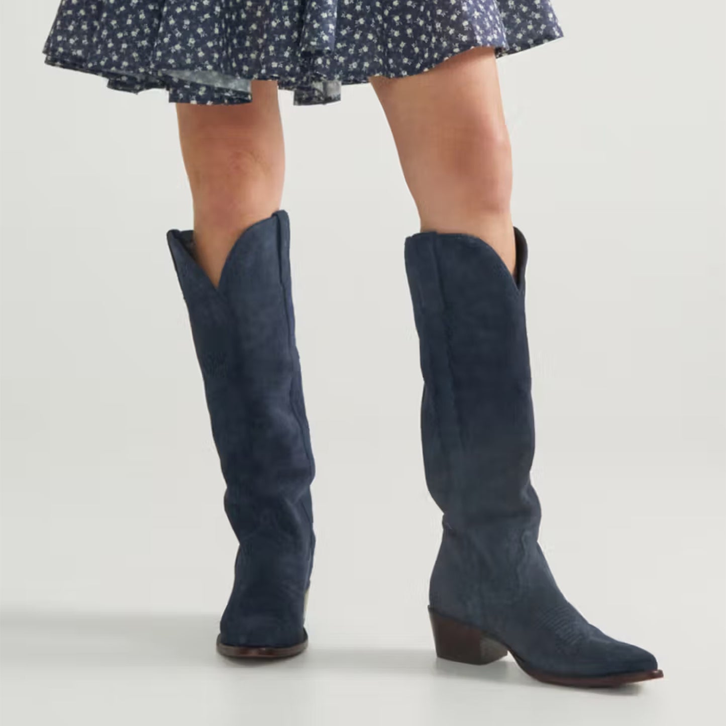 Navy Blue Faux Suede Almond-Toe Embroidery Wide Calf Knee High Cowgirl Boots