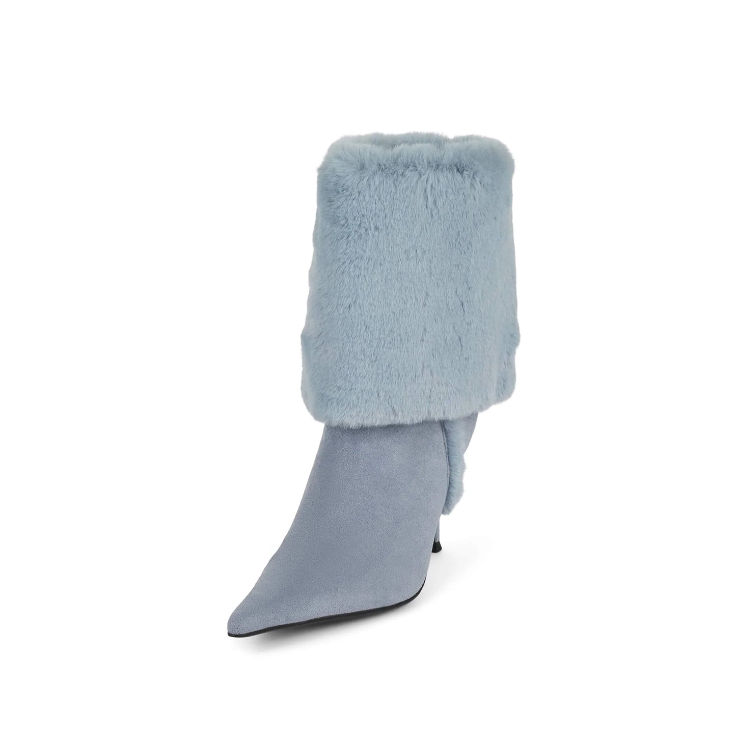 Blue Faux Suede Pointed-Toe Plush Fold-Over Knee High Stiletto Boots