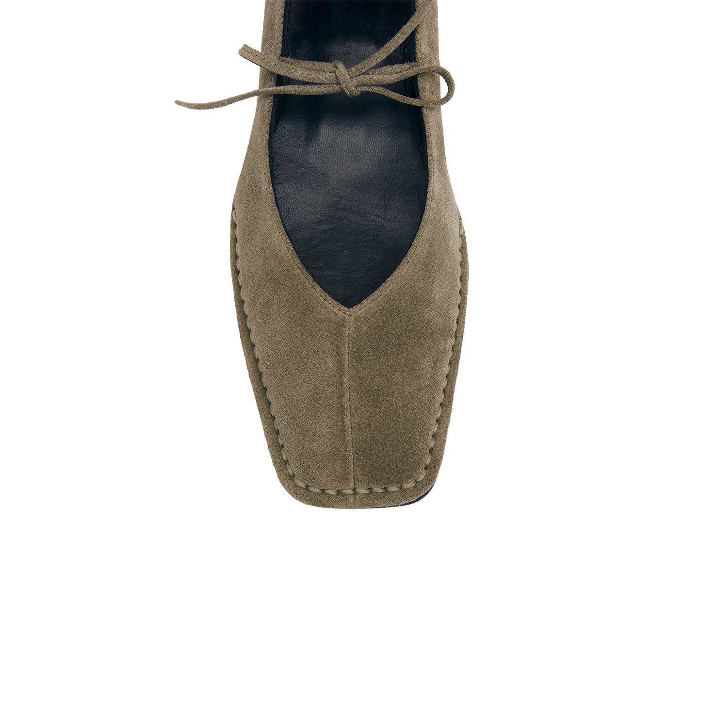 Khaki Faux Suede Square-Toe V-Cut Vamps Bridge Self-Tie Bow Ballet Flats