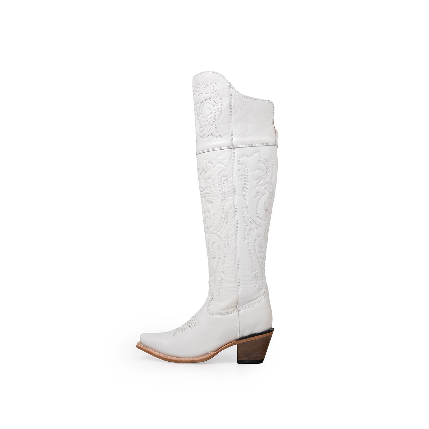 White Snip-Toe Classic Embroidery Half-Zip Over-The-Knee Cowgirl Boots