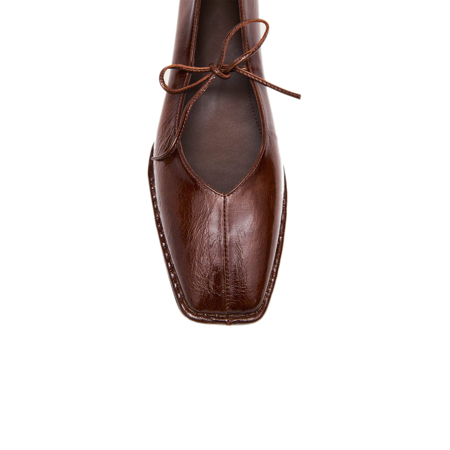 Patent Brown Square-Toe V-Cut Vamps Middle Bow Ballet Flats