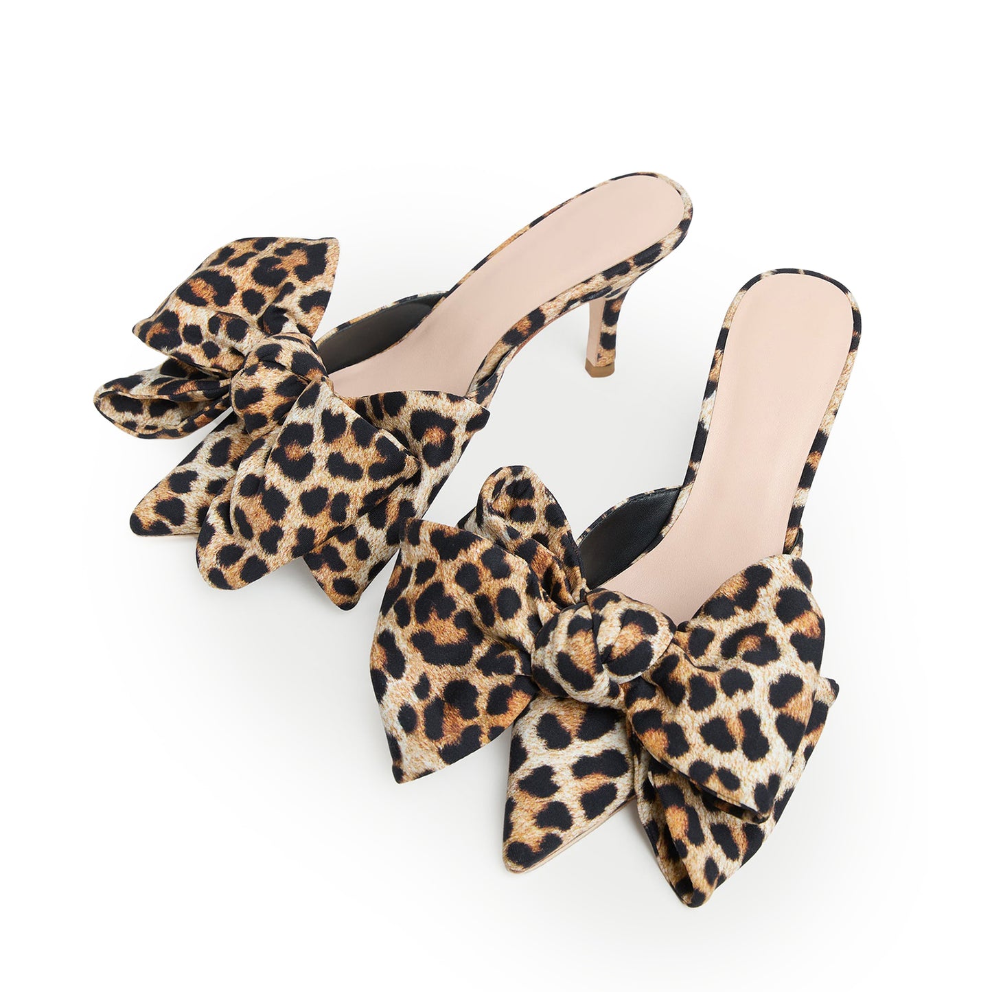 Leopard Satin Pointed-Toe Front Big Bow High Heels