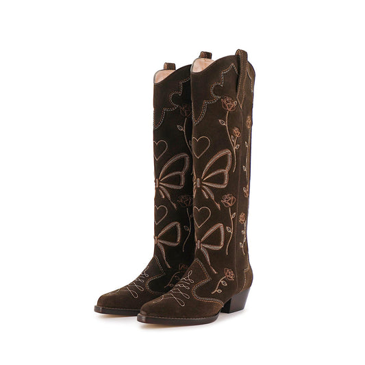 Chocolate Snip-Toe Rose Heart Butterfly Embroidery Wide Calf Knee High Cowgirl Boots