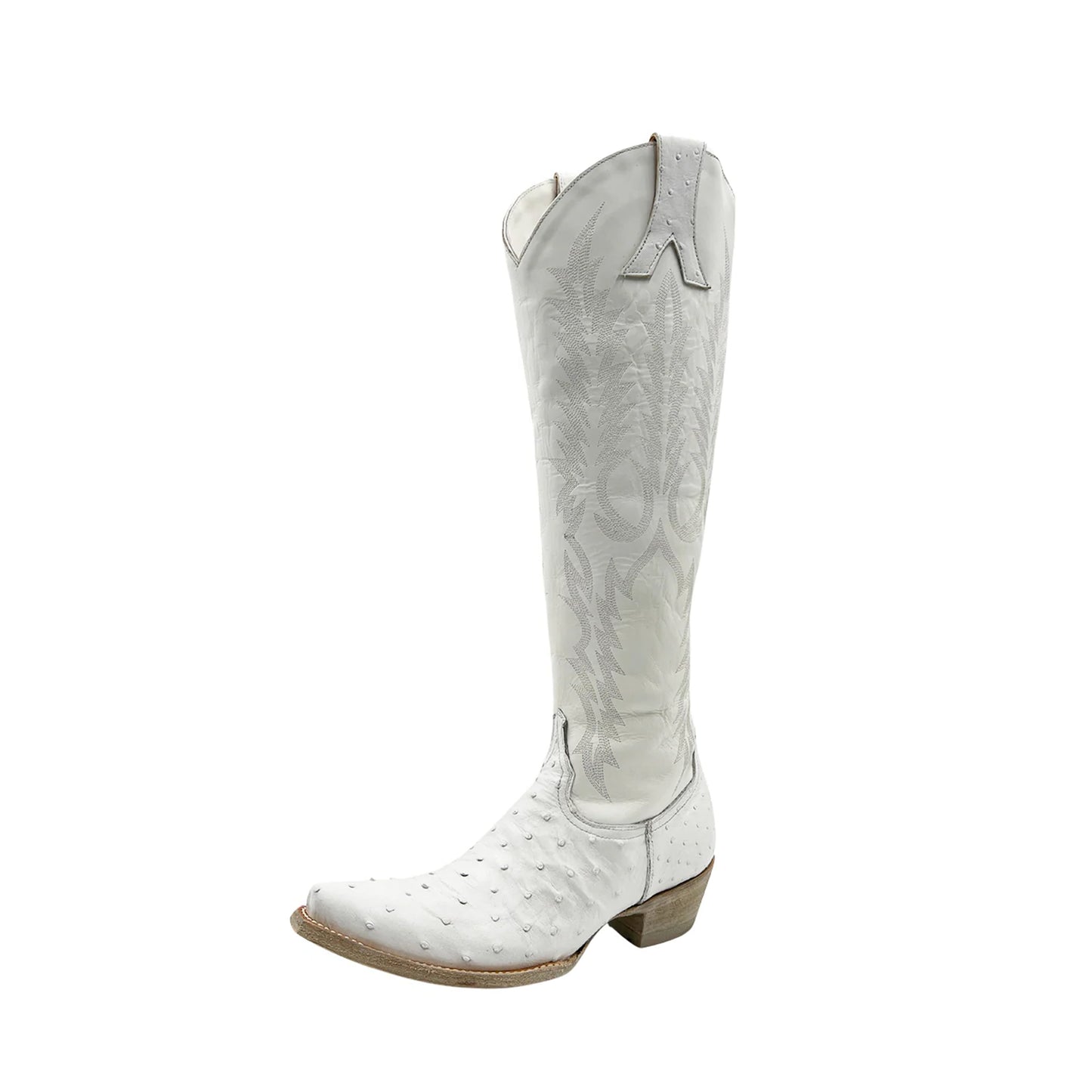 White Ostrich-Patterned Snip-Toe Embroidery Half-Zip Knee High Cowgirl Boots