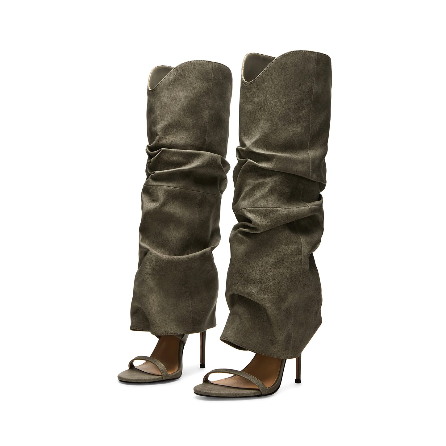 Gray Open Round-Toe Fold-Over Wide Calf Knee High Stiletto Boots