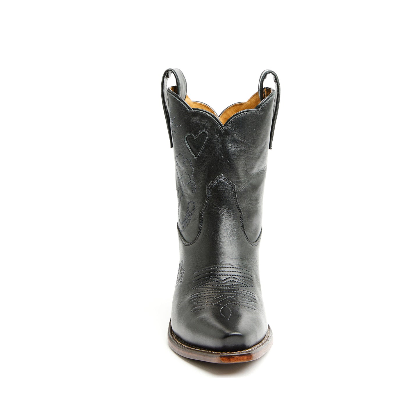 Black Snip-Toe Heart Inlay Horseshoe Embroidery Ankle Cowgirl Boots