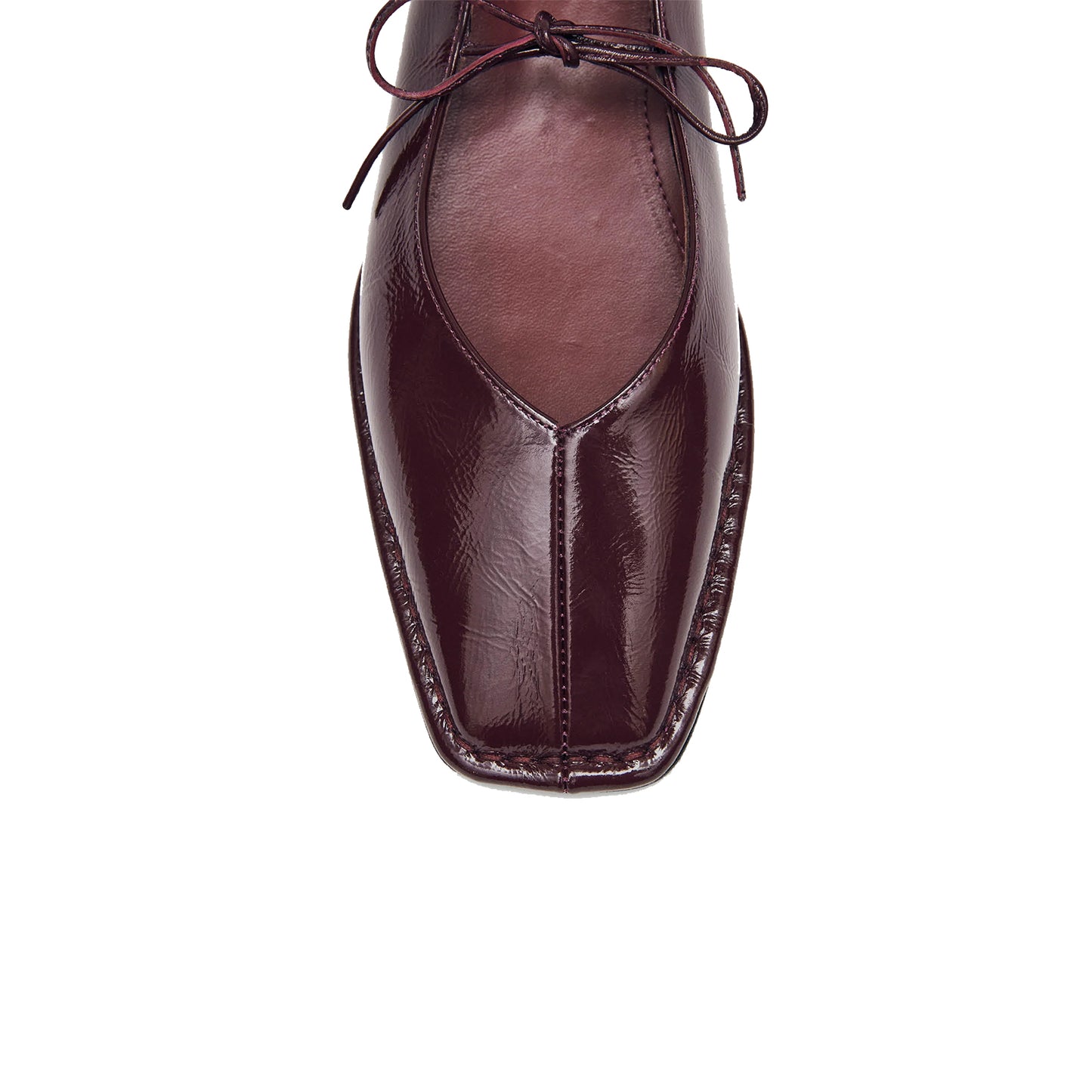 Patent Burgundy Square-Toe V-Cut Vamps Bridge Self-Tie Bow Ballet Flats