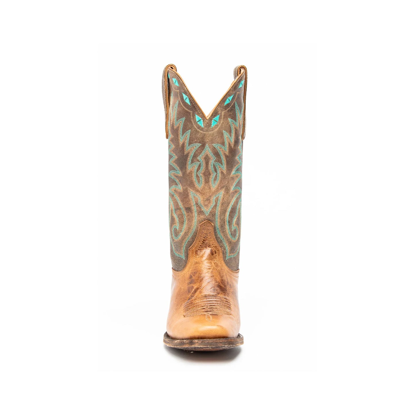 Distressed Contrast Brown And Tan Square-Toe Embroidery Mid Calf Cowgirl Boots