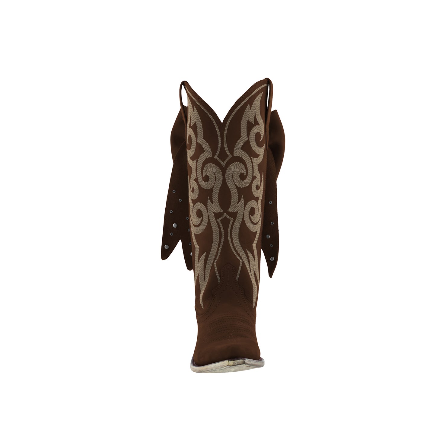 Dark Red Pointed-Toe Embroidery Back Studded Bow Mid Calf Cowgirl Boots