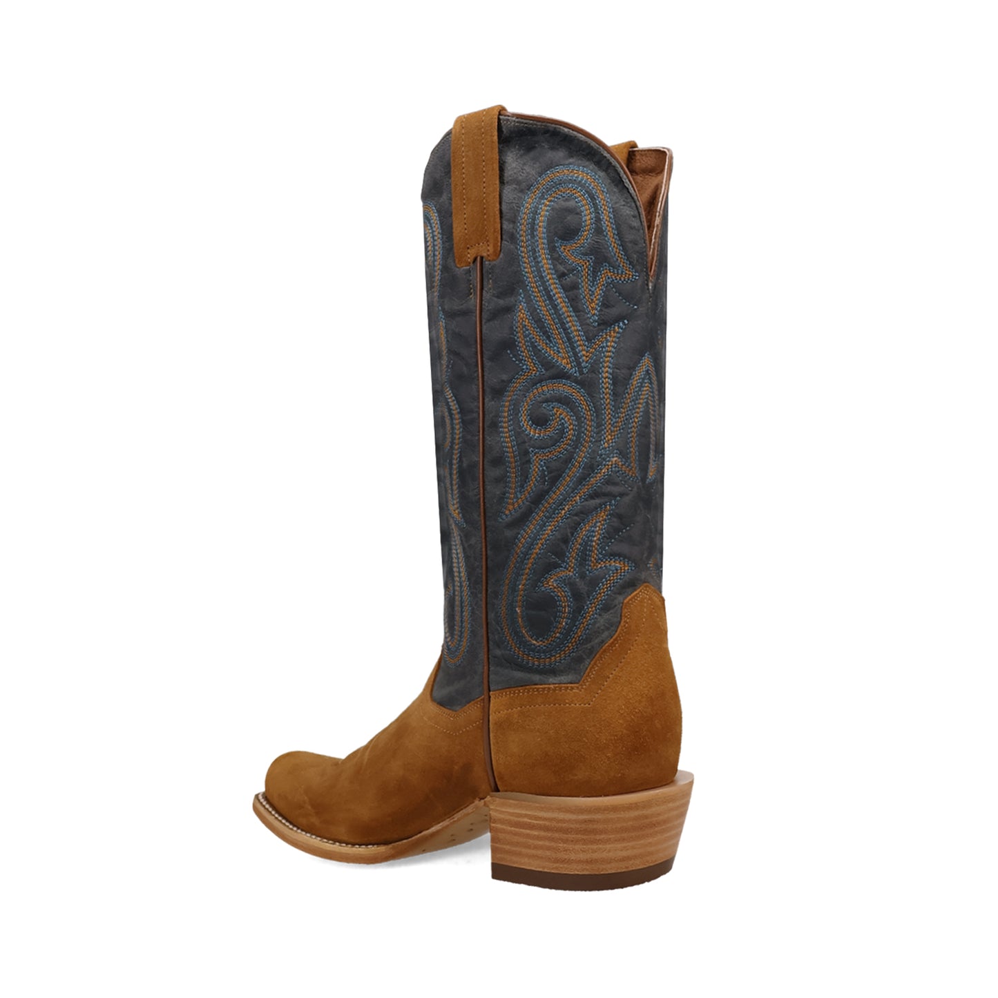 Contrast Turquoise Vegan Leather And Tan Faux Suede Square-Toe Embroidery Mid Calf Cowgirl Boots