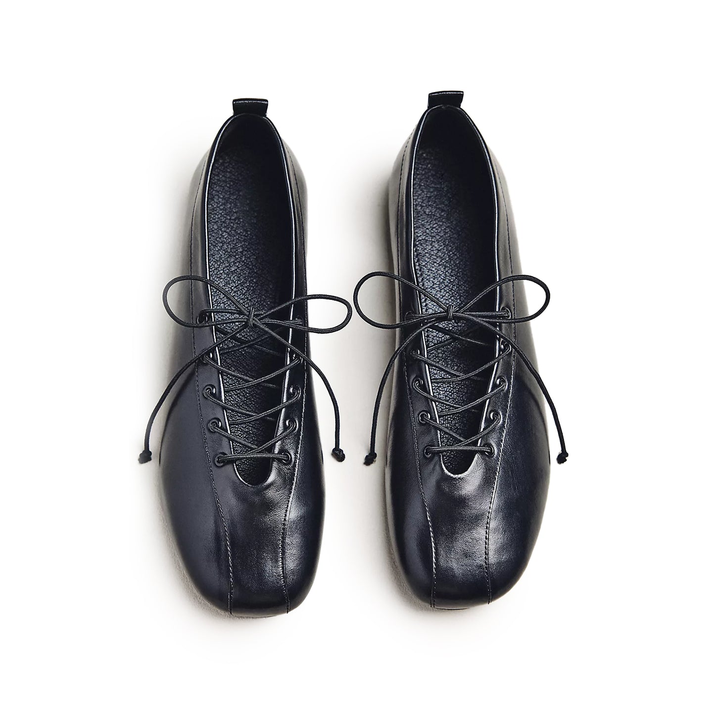 Black Vegan Leather Square-Toe Lace-Up Ballet Flats